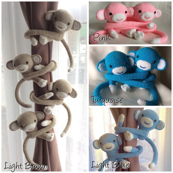 MADE TO ORDER - Pair of Crochet Monkey curtain tie backs Handmade Animal Wool Soft Toy Gift