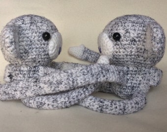 READY TO SHIP: White and Black Speckled - Pair of Crochet Monkey curtain tie backs Handmade Animal Wool Soft Toy Gift