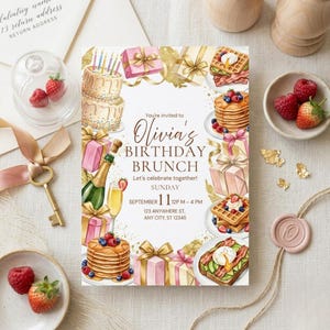 May include: A birthday brunch invitation featuring illustrations of pancakes, waffles, gifts, champagne, and cake. The invitation text reads "Olivia's Birthday Brunch" with the date and time.