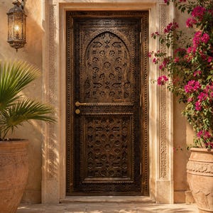 Custom Moroccan Door 32x80 in, Handmade Carved Wooden Entry Door, Arched Berber Wood Door, Decorative Moroccan Front Door