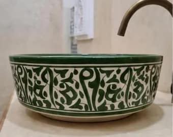 Handmade Moroccan Ceramic Vessel Sink – Green White Hand-Painted Bathroom Basin