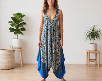 Boho paisley haremjumpsuit, wijde pijpen boho romper van rayon, one size zomerresortoutfit, klaar voor verzending