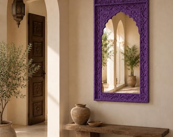 Handmade Moroccan Solid Cedar Wood Mirror Frame, Hand Carved Arched Jharokha Wall Decor