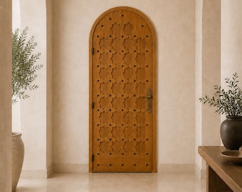 Hand Carved Arched Wooden Door, Honey Brown Geometric Entryway Statement Piece