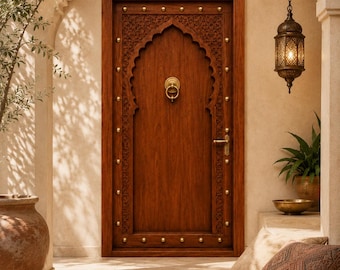 Handmade Moroccan Carved Wooden Door 32x80 in, Brown Wood Door, Moroccan Front Door, Luxury Entry Door, Home Decor Door