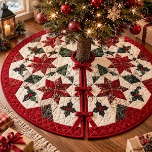 May include: A circular quilted Christmas tree skirt featuring a patchwork design of red and green star patterns on a cream background. The skirt has a central opening, a quilted texture, and three red fabric bows used to fasten the edges together.