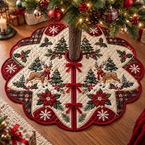 May include: A quilted Christmas tree skirt featuring a cream-colored base with a red border. The design includes embroidered reindeer, green pine trees, red poinsettias, holly leaves, and white snowflakes. Three red ribbon bows secure the opening.