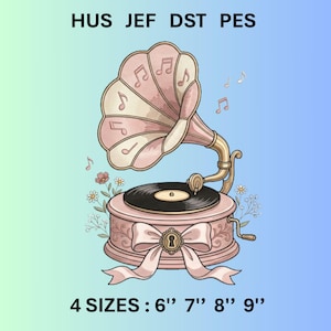 Vintage Gramophone Embroidery Design Retro Record Player Music Lover Machine Embroidery File Digital Download
