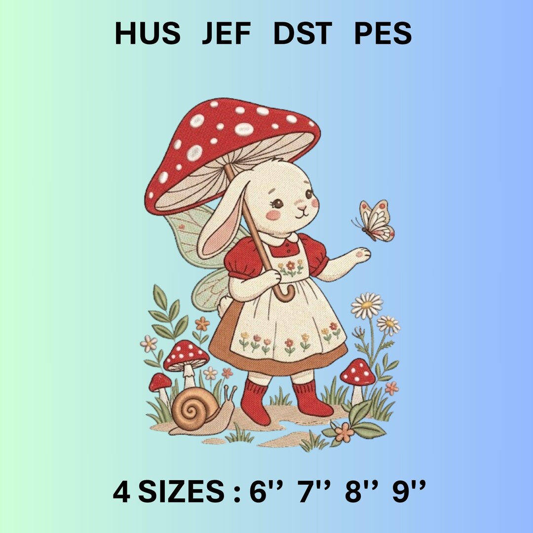 Whimsical Bunny With Mushroom Umbrella Embroidery Design Cute Fairy ...