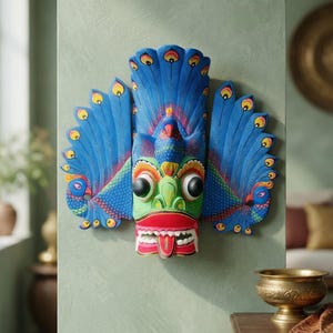 Handmade Wooden Mayura Raksha Mask Traditional Sri Lankan Peacock Devil Mask Authentic Ceylonese Home Decor Good Luck & Peace Symbol