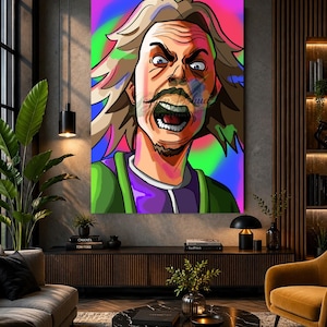 Puede incluir: Un gran retrato de dibujos animados enmarcado de un hombre con la boca muy abierta y una expresión de enfado. El hombre tiene el pelo largo y castaño claro y un bigote. El fondo es una vibrante mezcla de colores, incluyendo rosa, verde y azul. El hombre lleva un atuendo verde y morado.