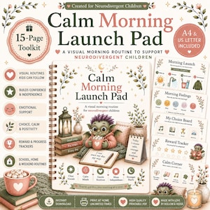 Könnte beinhalten: Ein spiralgebundenes Calm Morning Launch Pad Toolkit für neurodivergente Kinder. Das Cover zeigt ein grünes Wesen mit lila Haaren, das eine Tasse hält, eine Laterne auf Büchern und den Text 'Calm Morning Launch Pad'. Enthält A4- und US-Letter-Formate.