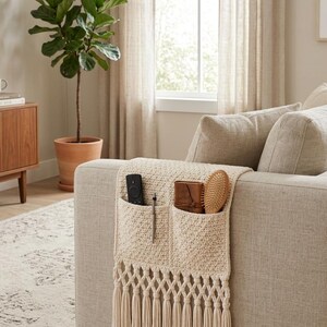 Pode incluir: Um organizador de braço de sofá em crochê na cor creme, com dois bolsos retangulares e uma borda de franjas decorativas na parte inferior. Os bolsos contêm um controle remoto preto, uma caneta fina, uma carteira e uma escova de cabelo.