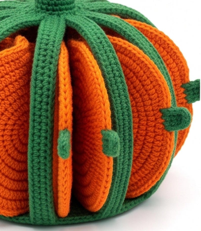 May include: A pumpkin-shaped holder made of orange and green yarn, featuring a series of circular orange crochet coasters stored vertically within green crochet dividers that form the exterior structure of the pumpkin shape.