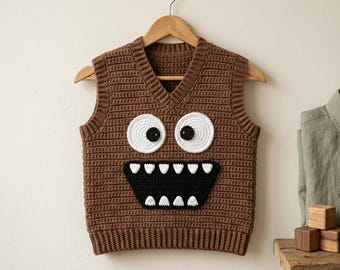 Monster Face Crochet Vest Pattern, Kids Sweater Vest, Halloween Appliqué (Digital Download)