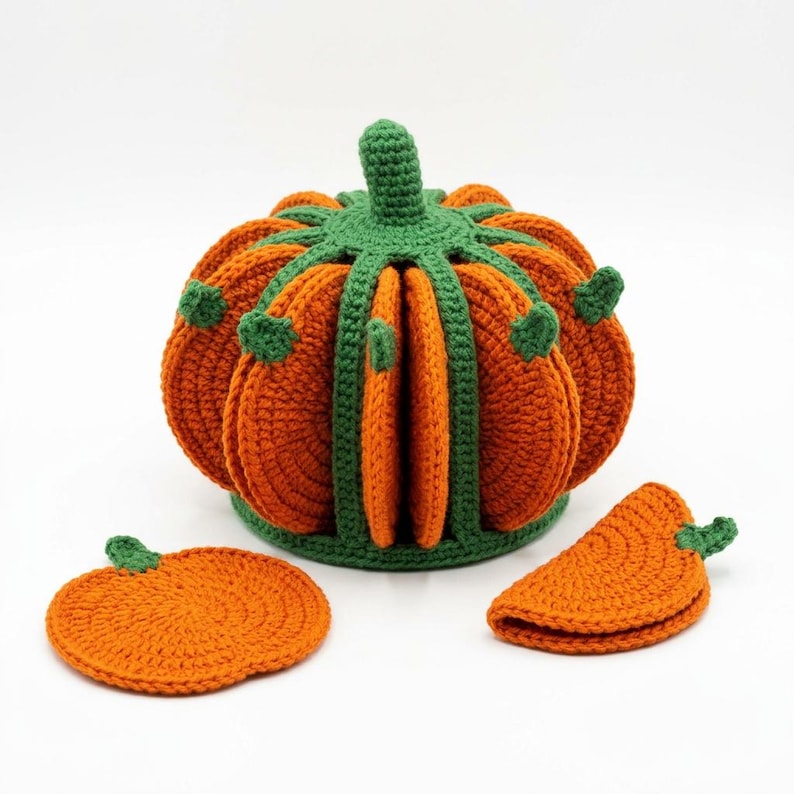 May include: A crochet pumpkin-shaped holder containing several orange circular coasters with green stems. The holder features a green ribbed structure that keeps the coasters upright. Two additional orange pumpkin-shaped coasters are placed in front.