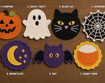 May include: Seven crocheted Halloween coasters featuring a pumpkin, a ghost labeled BOO, a black cat, a spiderweb, a moon plate, a bat, and candy corn. Each item is crafted with colorful yarn in distinct shapes, including circular, scalloped, and character-themed designs, arranged on a flat surface.