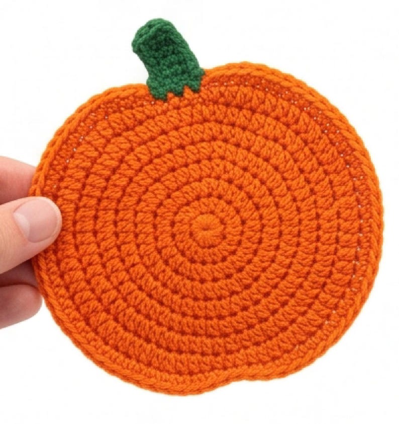 May include: A round, orange crocheted coaster shaped like a pumpkin, featuring a textured spiral stitch pattern and a small, dark green crocheted stem attached to the top edge. The item is crafted from yarn with a visible, consistent knit texture.