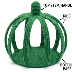 May include: A green crocheted pumpkin-shaped structure featuring a circular bottom base, multiple curved ribs extending upward, and a top stem handle. The image includes text labels pointing to the top stem/handle, ribs, and bottom base.