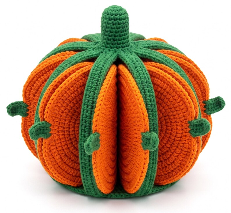 May include: A crocheted pumpkin-shaped object constructed from multiple orange circular segments separated by green vertical ribs. The structure features a central green stem at the top and small green protrusions extending from the sides of the orange panels.