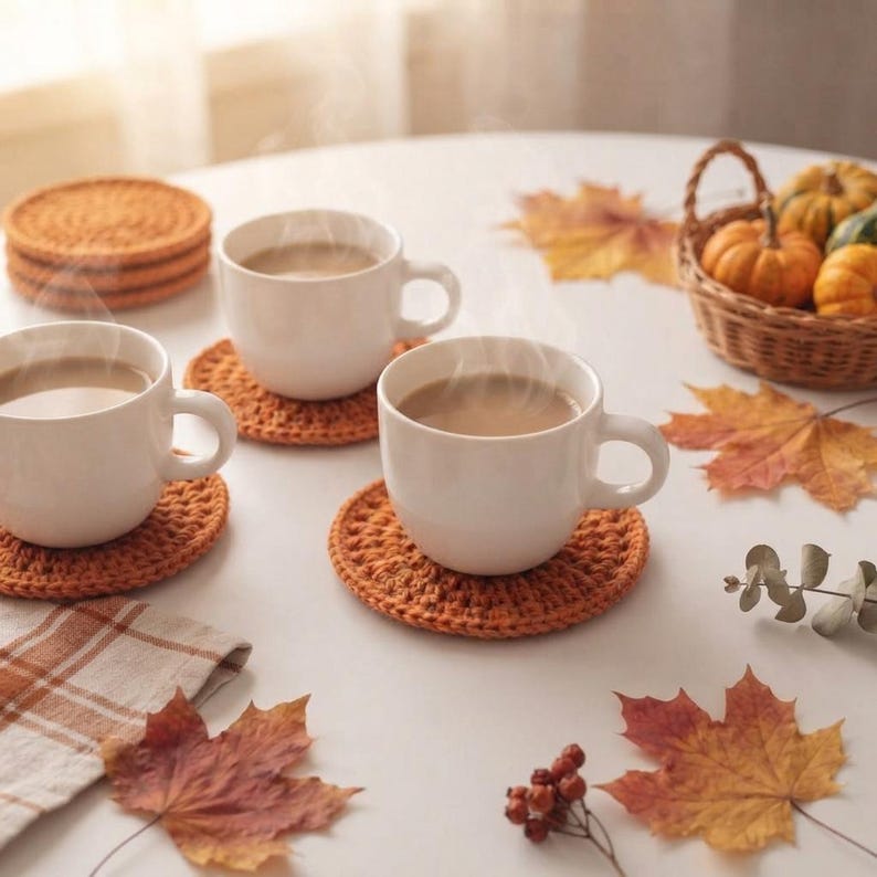 May include: Three white ceramic mugs filled with steaming hot beverages, each resting on a round, orange crocheted coaster. A stack of identical orange coasters sits nearby, alongside a woven basket filled with small pumpkins and autumn leaves.