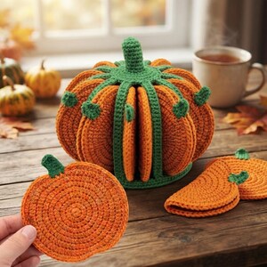 May include: A crochet pumpkin-shaped holder containing several orange pumpkin-shaped coasters. The holder features a green stem and green vertical ribs that separate the individual coasters. Each coaster is round with a small green stem.