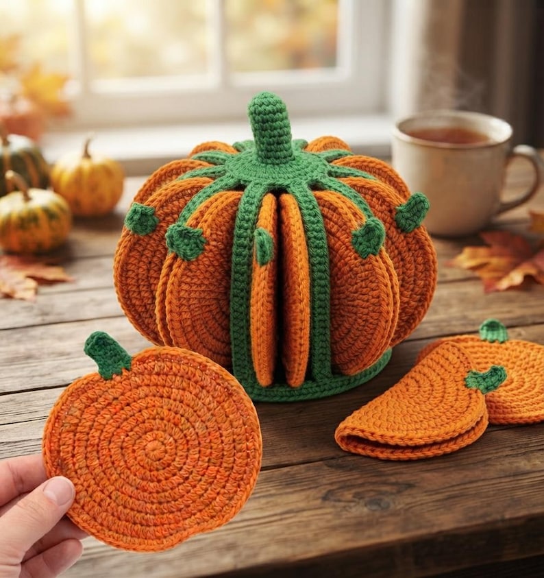 May include: A crochet pumpkin-shaped holder containing several orange pumpkin-shaped coasters. The holder features a green stem and green vertical ribs that separate the individual coasters. Each coaster is round with a small green stem.
