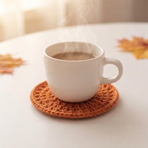 May include: A white ceramic coffee mug filled with a hot beverage emitting steam, resting on a round, textured, burnt orange crocheted coaster. The coaster features a dense, circular stitch pattern and is crafted from thick yarn.