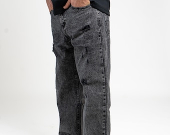 Men's Baggy Fit Jeans Dark Grey Ripped Oversized Streetwear Loose Fit