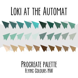Könnte beinhalten: Eine Procreate-Farbpalette mit dem Titel "Loki at the Automat" mit dem Text "Flying Colours NW". Die Palette zeigt Reihen von Papierflugzeugformen in Türkis-, Grün- und Brauntönen vor einem weißen Hintergrund.