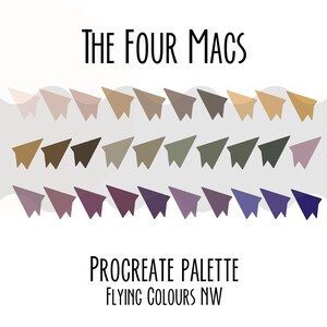 Puede incluir: Paleta Procreate titulada "The Four Macs" con ilustraciones de aviones de papel en tonos marrones, verdes, morados y azules. También aparece el texto "Procreate Palette Flying Colours NW".