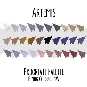 Puede incluir: Paleta de arte digital "Artemis" con filas de ilustraciones de aviones de papel en varios tonos de gris, marrón y morado. También se muestra el texto "Procreate Palette" y "Flying Colours NW".