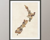 New Zealand Typography Text Map, Art Print (1479)