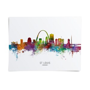 The image is a colorful watercolor illustration of the skyline of St. Louis, Missouri.