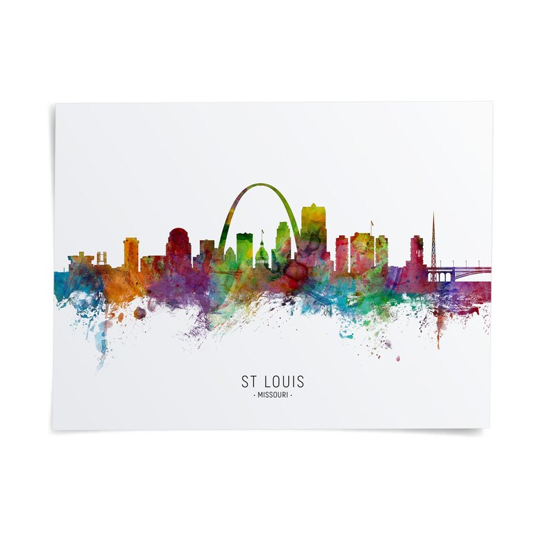 The image is a colorful watercolor illustration of the skyline of St. Louis, Missouri.
