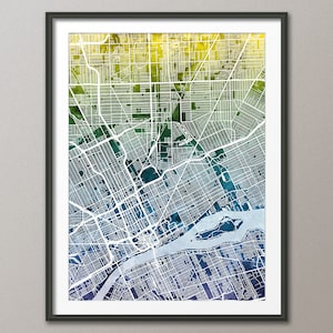 Detroit Map, Detroit Michigan Watercolor Map Painting Art Print Poster (4063)