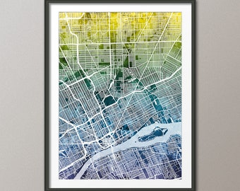 Detroit Map, Detroit Michigan Watercolor Map Painting Art Print Poster (4063)