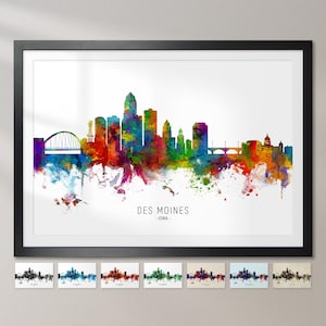 Skyline de Des Moines, Iowa, affiche d'impression d'art de peinture de paysage urbain CX (6619)