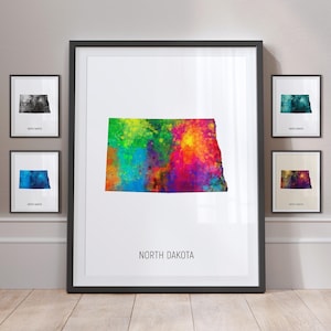 North Dakota Map, US State Watercolour Painting Art Print Poster MX (30999)