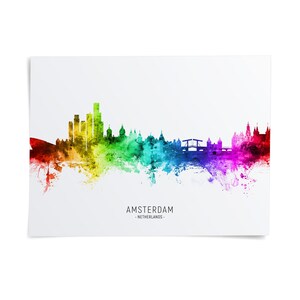 The image is a colorful, abstract representation of the skyline of Amsterdam, Netherlands, with various buildings and landmarks depicted in a vibrant, watercolor-like style.