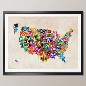 Carte typographique des États-Unis, impression d'art textuel (888)