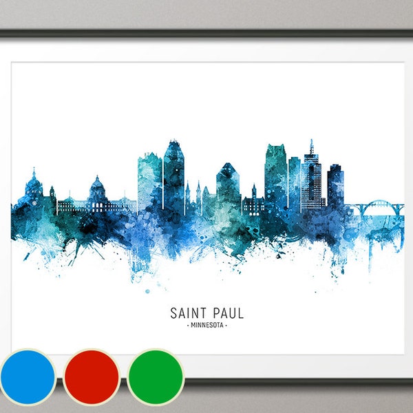 Saint Paul Skyline Minnesota, Cityscape Art Poster Print Blue Red Green (20808)