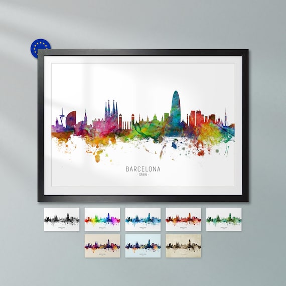 Barcelona Skyline Spain, Poster Print Cityscape Art ZX (11448)