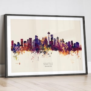 Seattle Skyline Washington, Cityscape Painting Art Print Poster LX (14997)