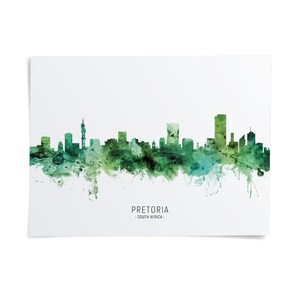 the Pretoria skyline, a city in South Africa, as a watercolor painting with a green color scheme.