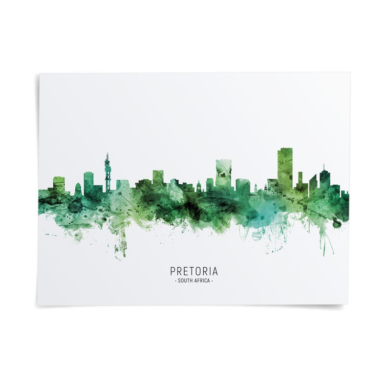 the Pretoria skyline, a city in South Africa, as a watercolor painting with a green color scheme.