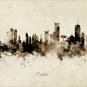 May include: A watercolor-style illustration of the Boston skyline in black and white. The image features iconic buildings like the Prudential Tower and the John Hancock Tower, as well as the Zakim Bunker Hill Bridge. The city's name, "Boston", is written in cursive at the bottom of the image.