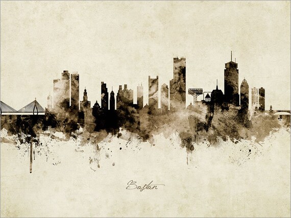 Boston Skyline Vintage, Boston Massachusetts Cityscape Art
