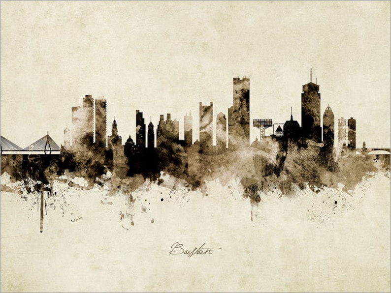 May include: A watercolor-style illustration of the Boston skyline in black and white. The image features iconic buildings like the Prudential Tower and the John Hancock Tower, as well as the Zakim Bunker Hill Bridge. The city's name, "Boston", is written in cursive at the bottom of the image.