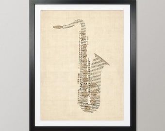 Saxophone Old Sheet Music Collage, Sax Musical Instrument, - Art Print Poster (2801)